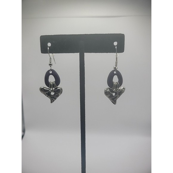 Vintage Silver Tone Drop Dangle Purple Hoop Pierced Womens Jewelry Costume - Picture 2 of 12